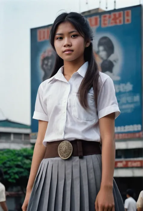 1970s era, 1970s hairstyles and fashion style, shot on 35mm film, An extreme low angle captivating photograph taken from the ground level below of a 16 year old Indonesian high school girl, with perfect face and perfect body, posing outdoor with the backgr...