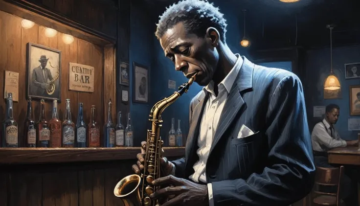 robert johnson, gritty, alabama bar, blue note, charismatic , illustration, noir fantasy, lone lady, sad ending, saxophonists