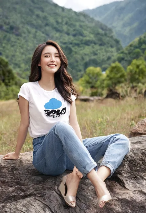 1girl, solo, long_hair, realistic, jewelry, sitting, outdoors, bracelet, shirt, pants, looking_at_viewer, smile, brown_eyes, sky, cloud, brown_hair, denim, white_shirt, jeans, black_hair, tree, blue_pants, day, short_sleeves, mountain, t-shirt, lips, teeth