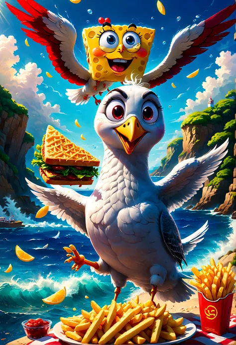 anime style, SpongeBob SquarePants have Fries lunch picnic by the sea, (a Seagull Unexpected break-in:1.2), anime screenshot, source_anime, dramatic composition, cinematic dynamic action scene, vibrant colors, cinematic lighting, dramatic lighting, best qu...