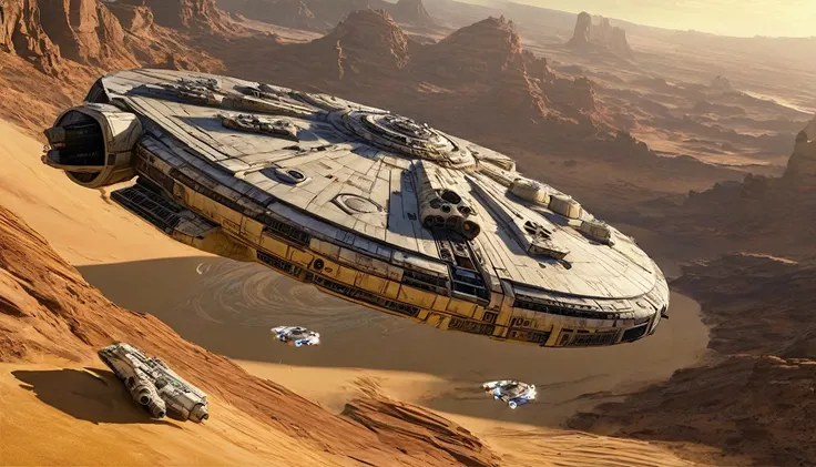 “In a desert landscape beneath a vast sky, towering rock formations rise. The iconic Star Wars Millennium Falcon flies overhead. In the foreground, a large, futuristic bus-like vehicle is parked on the sandy terrain. Saturn-like rings adorn the sky, adding...