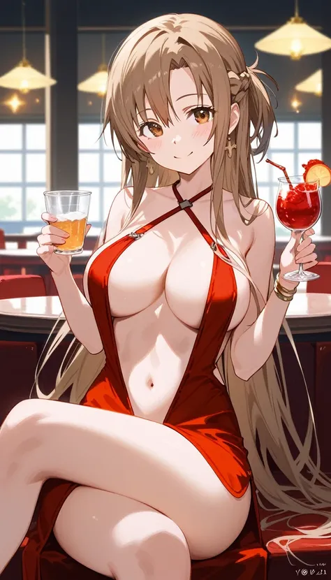 score_9,score_8_up,score_7_up,18 year old,1girl,asuna (sao-alo), sword art online,yuuki asuna,solo,nsfw,brown eyes, brown hair, long hair, bangs, braid,sitting,crossed legs, holding cup,seductive-smile,blush,large breasts,brown hair,parted hair,long hair,r...