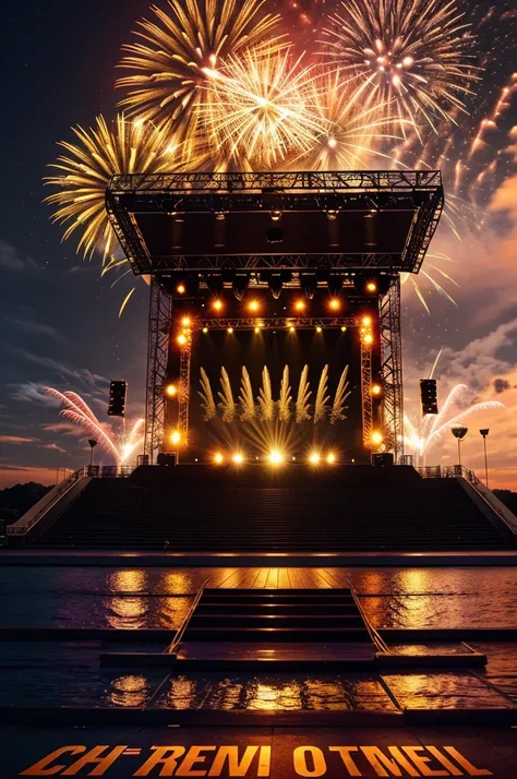 Create me a poster with large fireworks, many western stage lights, a stage, an eye catching poster with sunset effects and some golden details