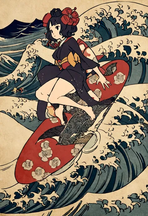 The rough texture of Japanese paper, Hokusai style, ukiyo-e, surfing, flight, fun and solemnity　Ukiyo-e style、Katsushika Hokusai、A girl is surfing、surfing、high quality、high resolution