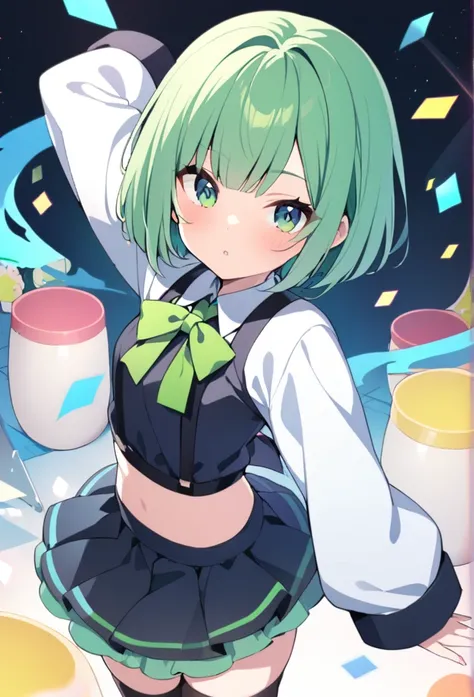 1 girl, cute, young, green hair, bob haircut, green eyes, , thigh high,