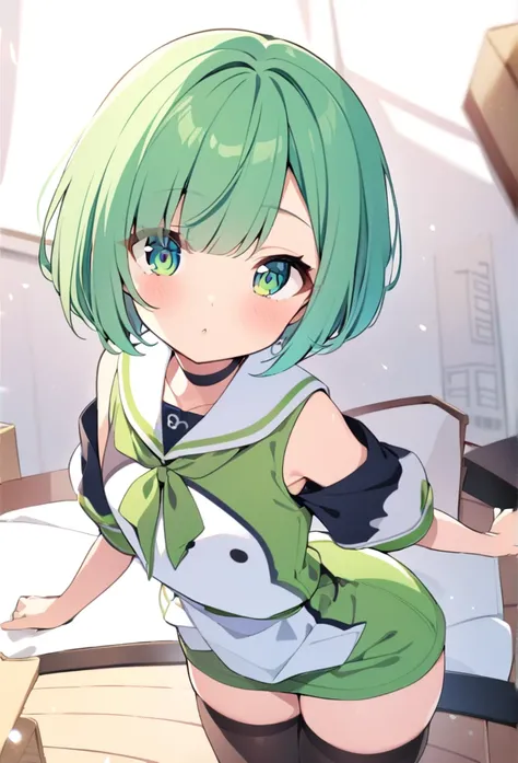 1 girl, cute, young, green hair, bob haircut, green eyes, , thigh high,