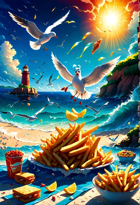 anime style, SpongeBob SquarePants have Fries lunch picnic by the sea, (a Seagull Unexpected break-in:1.2), anime screenshot, source_anime, dramatic composition, cinematic dynamic action scene, vibrant colors, cinematic lighting, dramatic lighting, best qu...