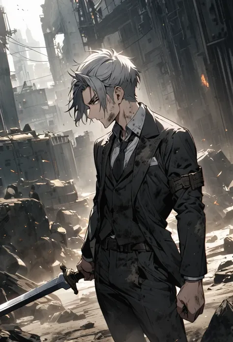 Grey haired man　28 years old　Wield a sword　Black suit dirty