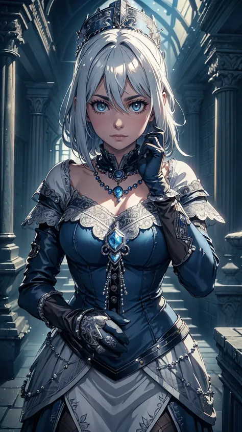 最high quality、Ultra High Definition, Ultra High Quality, Hyper Definition, Hyper Quality, Hyper Detailed, Extremely Detailed, Perfectly Detailed, Best image quality、masterpiece、woman((40-year-old、  Blue glowing eyes, Silver Short Curve Hair、Disheveled Hair...