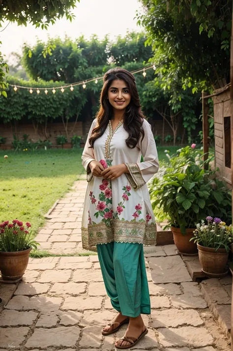 Imagine A beautiful Pakistani girl wearing traditional Eid attire, standing in her lush home garden with colorful flowers, smiling while feeding goats and sheep during Eid Ul Adha celebrations."