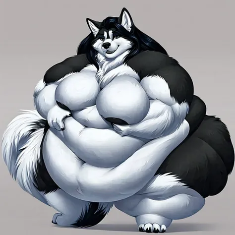 Malamute, female, long hair, black and white fur, morbidly obese, fat arms, fat legs, belly rolls,big belly, gorgeous, beautiful, eyelashes, voluptuous, plump 