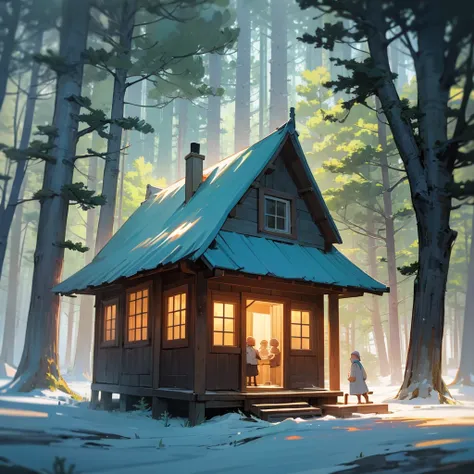 A family in a modest cabin, surrounded by majestic trees and a serene deep forest environment.