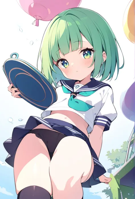 1 girl, cute, young, green hair, bob haircut, green eyes, sailor uniform, mini skirt, thigh high,