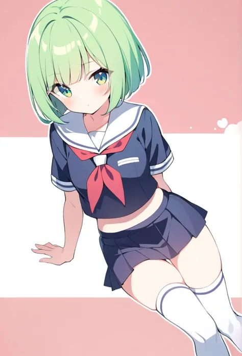 1 girl, cute, young, green hair, bob haircut, green eyes, sailor uniform, mini skirt, thigh high,