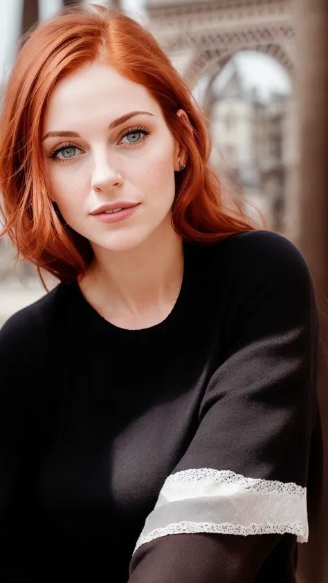 I want her face with dark red hair and in a place just like a good looking linkedin profile about a 30 years old woman. Dont change her face. The hair must be dark redhair. The backgrond must be paris