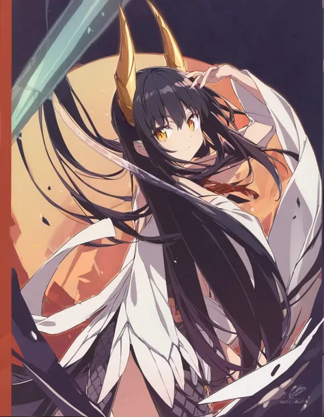 Dragon girl with crystal　golden horn　Black Hair