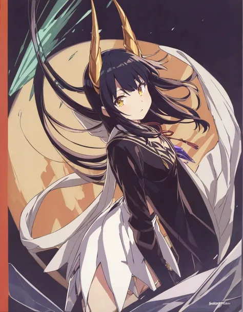 Dragon girl with crystal　golden horn　Black Hair