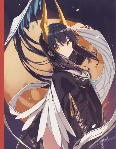 Dragon girl with crystal　golden horn　Black Hair