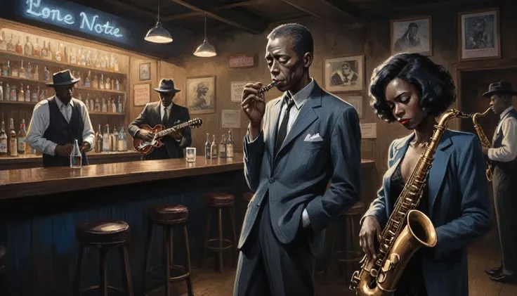 robert johnson, gritty, alabama bar, blue note, charismatic , illustration, noir fantasy, lone lady, sad ending, saxophonists