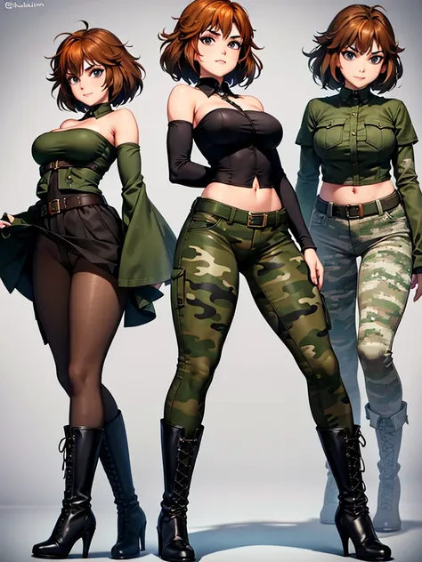 merula, full body, thighs, boots high heels, solo girl, medium tits, military camouflage pants, belly, top strapless