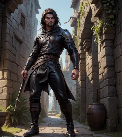 (((Solo character image.))) (((Generate a single character image.)))  (((Dressed in medieval fantasy attire.))) (((Looks like a cute male model.))) Looks like a seductive sexy guy, wearing a black shirt, black pants and black boots.  Looks like a pit fight...