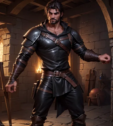 (((Solo character image.))) (((Generate a single character image.)))  (((Dressed in medieval fantasy attire.))) (((Looks like a cute male model.))) Looks like a seductive sexy guy, wearing a black shirt, black pants and black boots.  Looks like a pit fight...