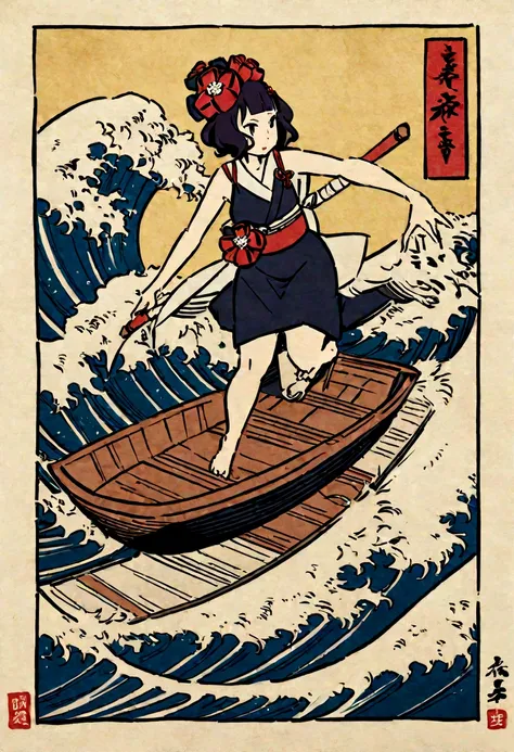 The rough texture of Japanese paper, Hokusai style, ukiyo-e, surfing, flight, fun and solemnity　Ukiyo-e style、Katsushika Hokusai、A girl is rowing a boat、surfing、high quality、high resolution