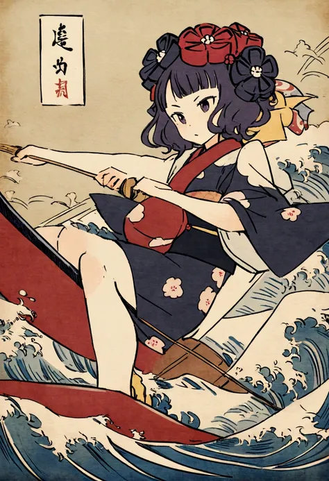 The rough texture of Japanese paper, Hokusai style, ukiyo-e, surfing, flight, fun and solemnity　Ukiyo-e style、Katsushika Hokusai、A girl is rowing a boat、surfing、high quality、high resolution