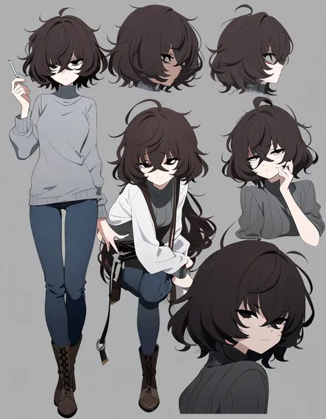 One Woman,Downer,older sister,Concept Art,Dark brown hair,Straight hair with slight inward curls,Staring eyes,Eye Ridge,black eye,Crossed bangs,whole body,smile,Slightly larger breasts,Gray background,Bangs that reach down to the eyes,Messy hair,Tight dark...