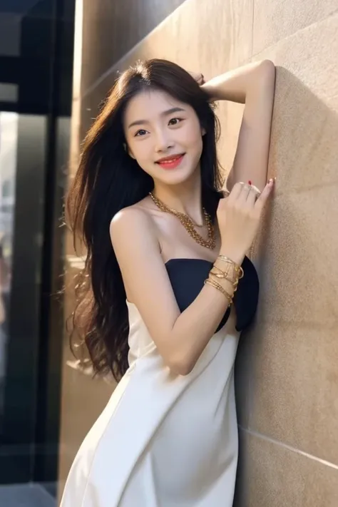 ((best quality)), ((masterpiece)), (detailed), 1girl , beautiful straight black long hair , beautiful smile , sexy pose , standing position , wearing revealing back dress , perfect body , short female , luxury golden necklace , luxury bracelets , white dre...