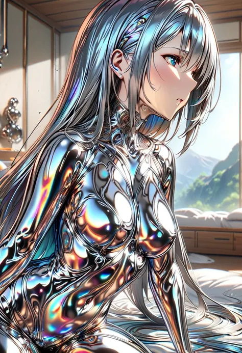 ((masterpiece)), Highest quality, Super detailed,(One girl),Yuki Asuna、 Long Hair,Beautiful background, chest, Curved body,Lie in, Look to the side, Fearful Face, But the body learns pleasure、NSFW、Asuna is attacked by a silver liquid metal creature in her ...