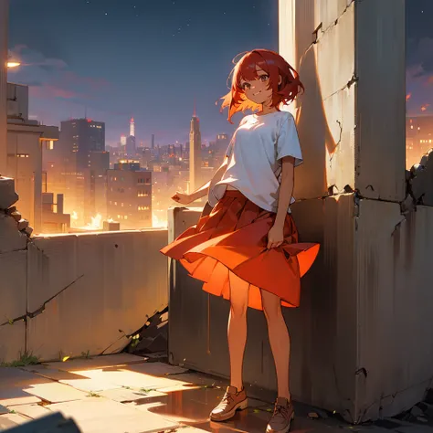 1female, young adult, tan skin, finely detailed ember eyes, straight medium hair, red hair, skirt, casual clothing, standing on ruined building, night time, happy expression