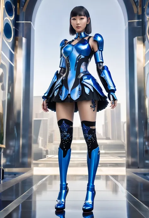 A modern CGI image of an girly android with a maiden dress and nylon socks that are black and semitransparent with some holes in the socks, the android is high tech but the leggs are supermodel stunning, the android wears super high heals, the humanoid hea...