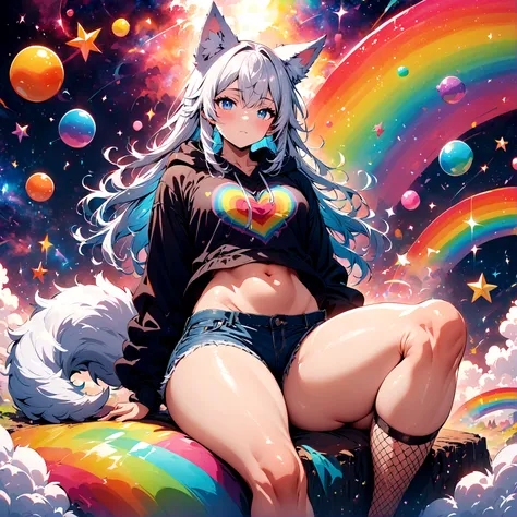 a cute adult male with wolf ears, long white hair, long locks, has a wolf tail, wearing a loose cropped oversized black hoodie, wearing a pair of denim short shorts and fishnet stockings, thick thighs, wide hips, relaxing on mound of fluffy multi colored k...