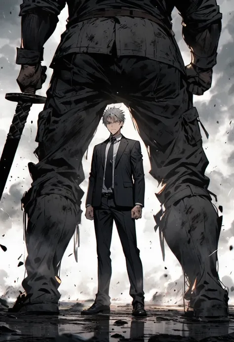 Grey haired man　28 years old　Hold a large sword　Black suit dirty　