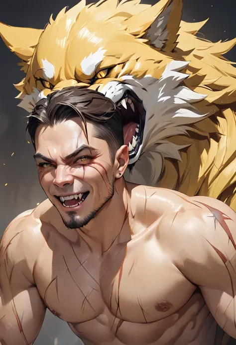 masterpiece, Best quality, A high resolution, fantasy, adult man person, shows sharp fangs and grins, brunette with short hair and shaved temples, with scars on the body and face, with yellow wolf eyes and wolf ears