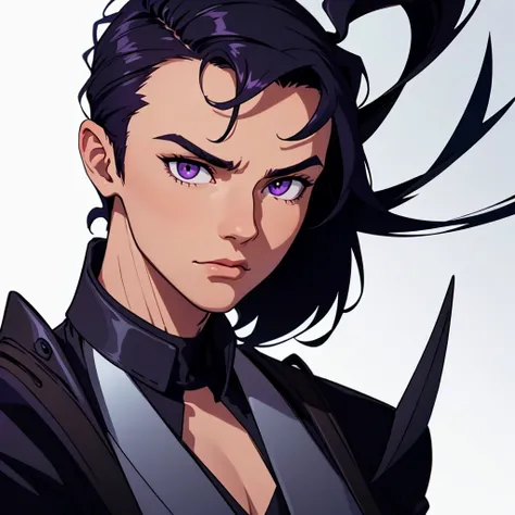 Short black hair, trimmed sides of head, clean sides of head, highres, high resolution, masterpiece, wide purple eyes, masterpiece, best quality, highres, 1 man, looking forward, square face, wide face, black hair, full pointy eyebrows, short black hair, t...