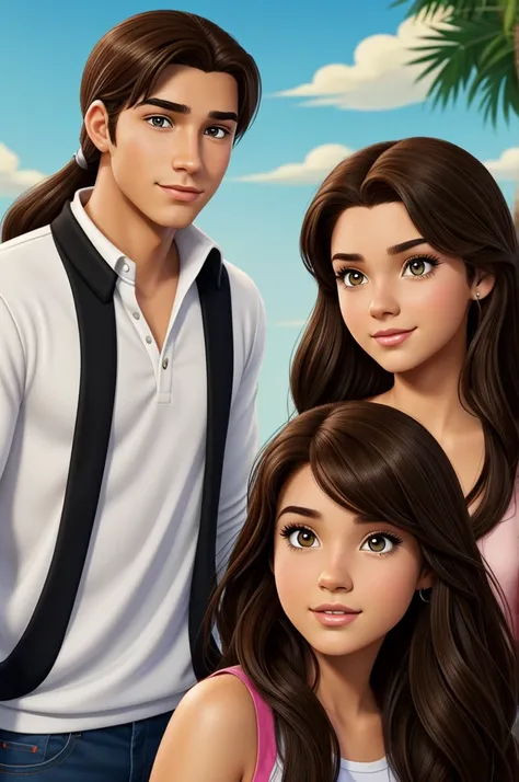 disney animated characters of a 20 year old girl with brown hair, long and brown eyes, cejas gruesas, white skin and a 20-year-old boy with black hair and brown eyes and white skin, ropa negra