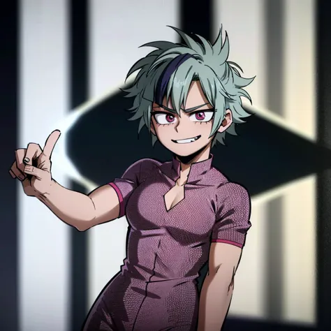 1boy, male focus, boku no hero academia, masterpiece, best quality, very aesthetic, absurdres, spiky hair, blue hair, pink eyes, smirk, hero costume