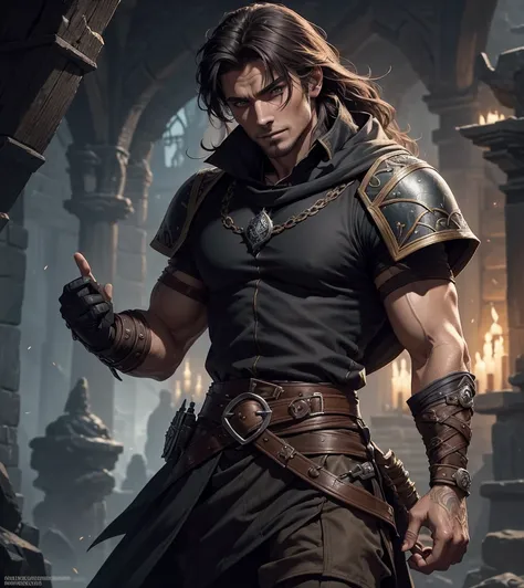 (((Solo character image.))) (((Generate a single character image.)))  (((Dressed in medieval fantasy attire.))) (((Looks like a cute male model.))) Looks like a male rogue for Dungeons & Dragons.   (((Looks very tough, muscular and intimidating.)))  Looks ...