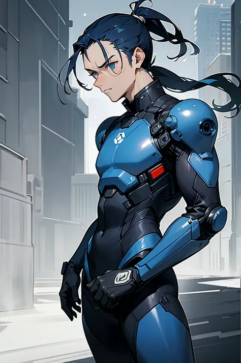 1male, man, dark blue hair, short man ponytail, scruffed hair, deep blue eyes, expressionless, black and white combat suit, city background, detailed background, hands to side, standing on path