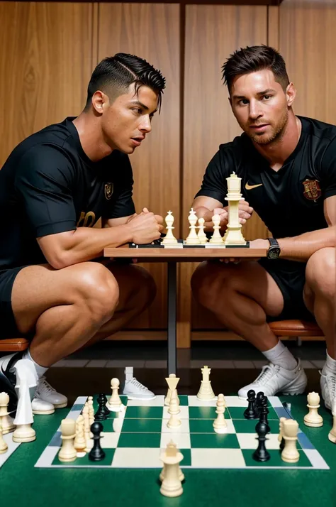 Ronaldo and Messi playing chess together 