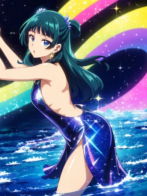 Top quality (8k, high resolution, masterpiece: 1.2), super detailed, anime art style, high angle, teen style, (,cloud,sky,water,water splashes,rainbow,(tight dress:0.5),), detailed green hair, detailed blue eyes, intricate hairstyle, long hair , slim body,...