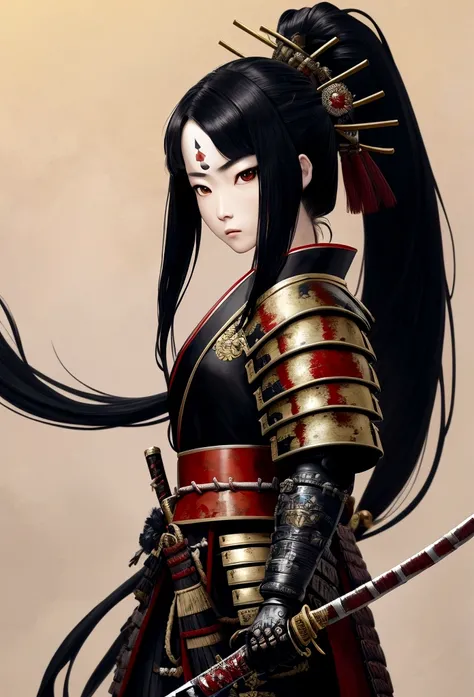 a picture of Japanese female samurai, she has long black hair, wearing samurai armor, armed with a katana, ready for battle, dynamic angle,, Japanese fantasy art, (Masterpiece: 1.5), 16k, highres, best quality, high details, ultra detailed, masterpiece, be...