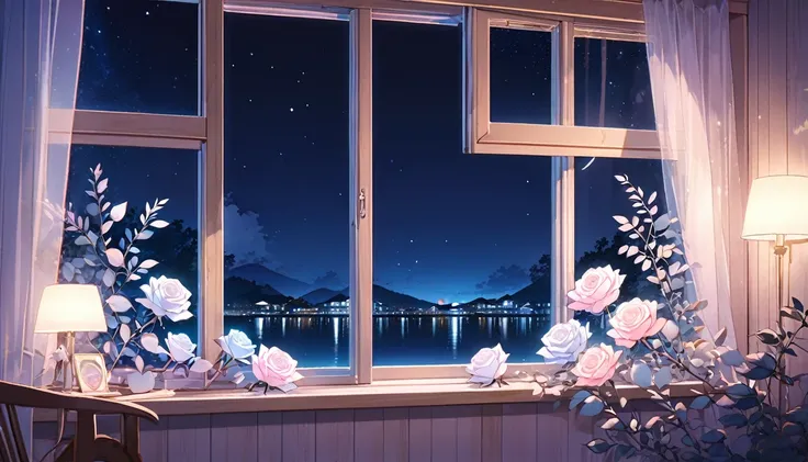 Resort Hotel Windows、Pastel tones、Beautiful silver roses on a wooden window frame。lofi、Night view、Night atmosphere、light up