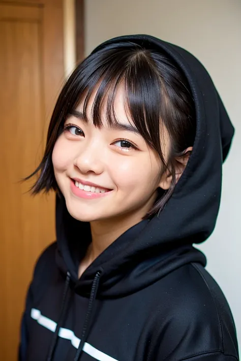 Black hoodie,No hood,teeth,Smile only on the mouth,Eye black,short hair,Ears sticking out.Short,Staring,cute,15-year-old girl,Asian,Soft and squishy cheeks,You are liked,Japanese,Small and high nose,Relatively dark