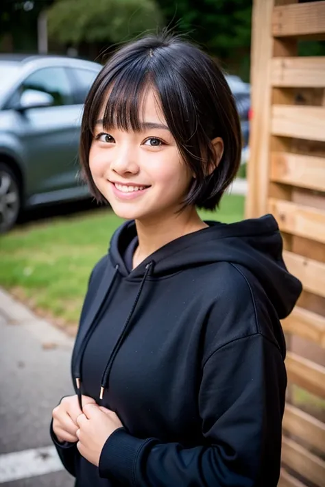 Black hoodie,No hood,teeth,Smile only on the mouth,Eye black,short hair,Ears sticking out.Short,Staring,cute,15-year-old girl,Asian,Cheeks,You have a round face and people like you.,Japanese,Small and high nose,Relatively dark