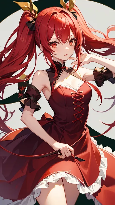 ichika has straight scarlet hair that is tied into twin tails and tied with red ribbons and dark red gradient eyes. she wears a ...