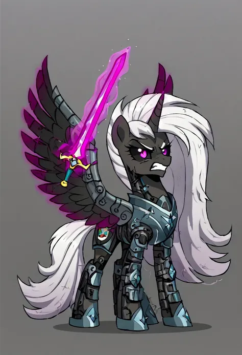 alicorn , white mane,light blue cybernetic eyes, cybernetic body,black sclera ,black body color  long flowing  mane princess pon...