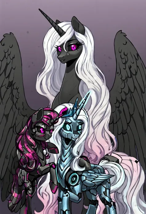 alicorn , white mane,light blue cybernetic eyes, cybernetic body,black sclera ,black body color  long flowing  mane princess pon...